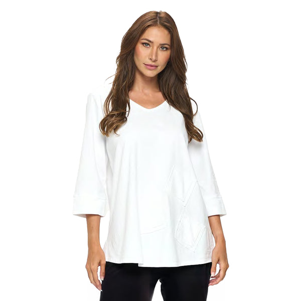 Focus V-Neck Tunic w/ Tonal Square-Shaped Patches in White - C2002-WT