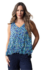 Crimped Crepe Geometric Print V-Neck Tank- 115126 - Size L