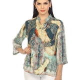 Soaring Cranes Print Silk Blend Blouse - 1213CV