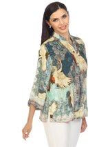 Soaring Cranes Print Silk Blend Blouse - 1213CV