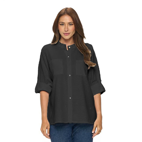 Focus Striped Cotton Pocket Shirt in Black - CS-117-BLK