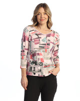 "Villa" Abstract Print V-Neck Top - 15-1672-PNK