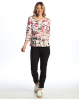"Villa" Abstract Print V-Neck Top - 15-1672-PNK