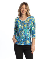 "Irises" Abstract Print V-Neck Top - 15-1724