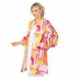 Abstract-Art-Print Open Front Duster in Pink/Multi - 7292J-PNK