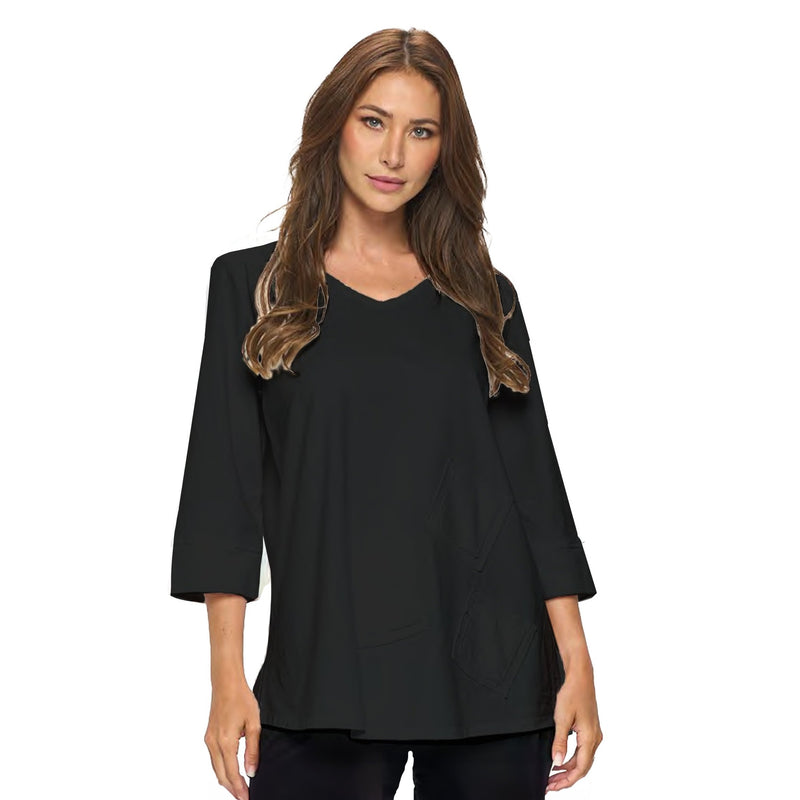 Focus V-Neck Tunic w/ Tonal Square-Shaped Patches in Black - C2002-BK