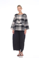 Pucker Check-Print Pocket Top in Taupe Multi - 2180