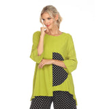 Polka-Dot Trim Asymmetric Tunic in Lime/Black/White - 3746