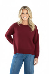 High-Low Heathered Fleece Pullover in Garnet - 23015