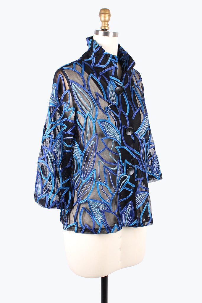Damee Vibrant Floral Soutache on Mesh Jacket in Blues - 2395-BLU