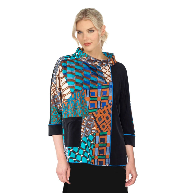 IC Collection Mixed-Print Tunic Top in Teal Multi - 5071T - Size S Only!