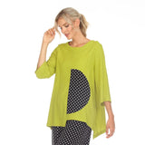 Polka-Dot Trim Asymmetric Tunic in Lime/Black/White - 3746