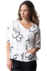 Pop Art Linen Side Step Top in Black & White -262138