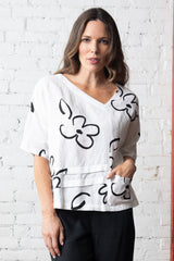 Pop Art Linen Side Step Top in Black & White -262138