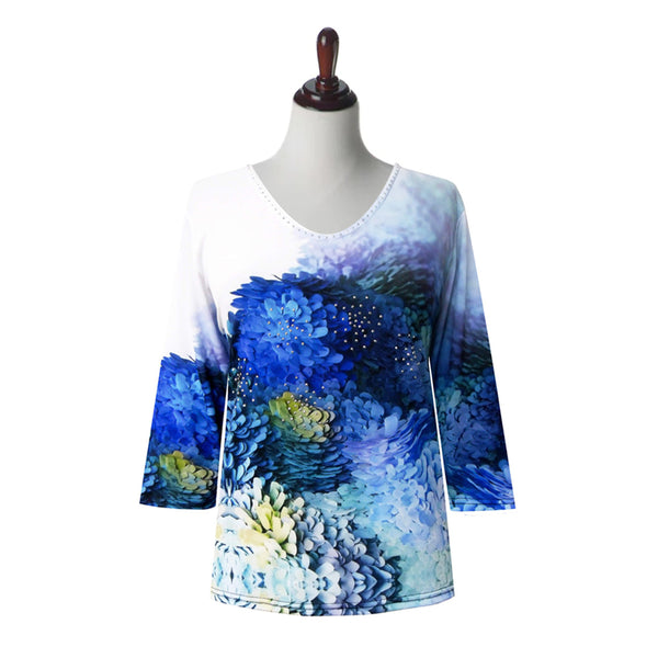 Valentina Blue Hydrangea-Print V-Neck Top in Multi - 28812
