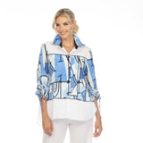 Textured Abstract-Print High-Low Blouse in Blue, White & Black - 3710