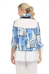 Textured Abstract-Print High-Low Blouse in Blue, White & Black - 3710