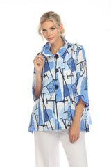Moonlight Abstract Blouse in Blue Hues, Black & White - 3726