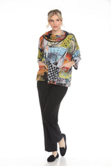 Modern-Art-Print Draped Neck Top - 3970