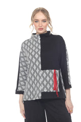 Colorblock Geometric Print Top with Red Accent - 4001