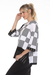 Mixed Stripe Side Slit Top in Black & White - 4035
