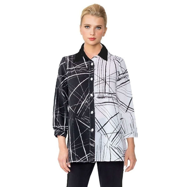 IC Collection Two Tone & Geo-Stripe Shirt in Black & White - 4932B