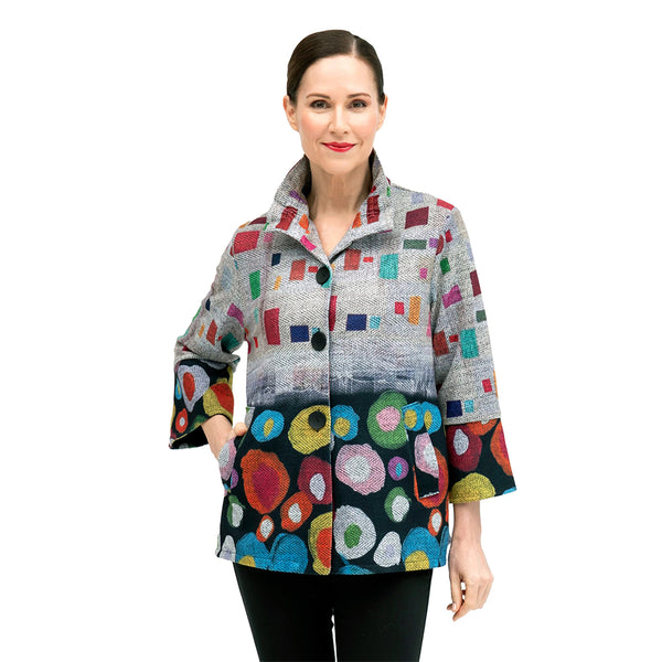 Damee Blooms & Blocks-Print Sweater Jacket in Multi - 4861