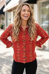 Embroidered Cotton Striped Shaped Hem Shirt - 49224