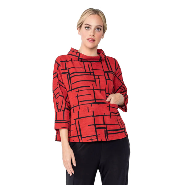 IC Collection Geometric Boxy Sweater Top in Red - 4962T - Sizes L & XXL Only!