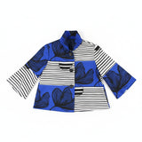 Striped Floral Bell-Sleeve Jacket in Blue, Black & White - 5007-BLU