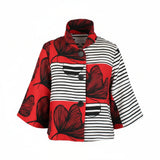 Striped Floral Bell-Sleeve Jacket in Red, Black & White - 5007-RED