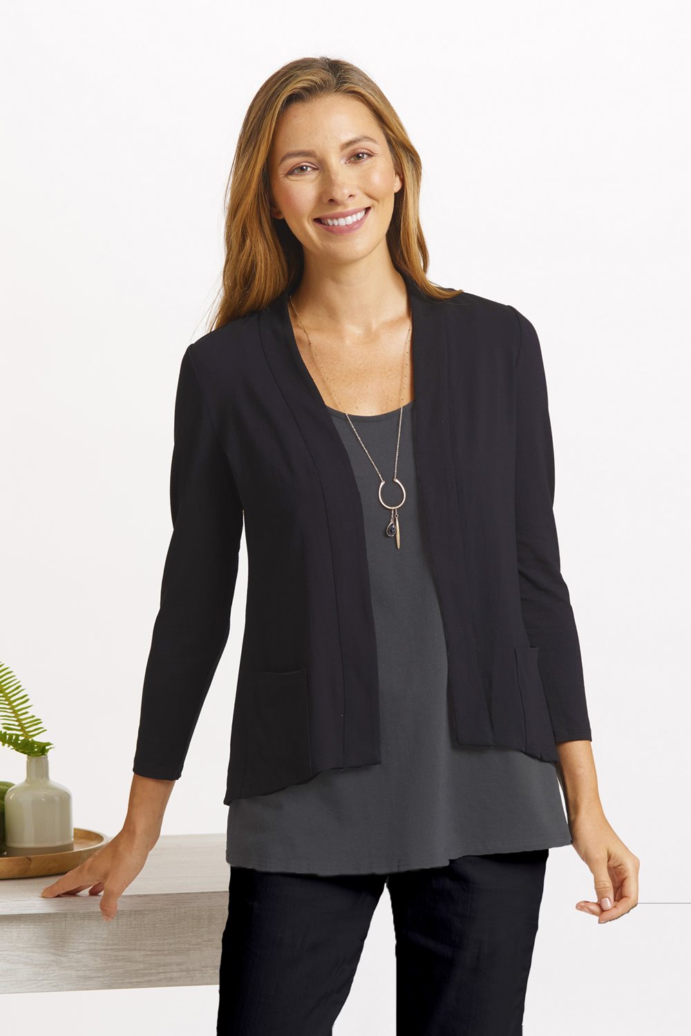 Shirred Back Open Front Short Cardigan in Black - 55930-BK – Shop