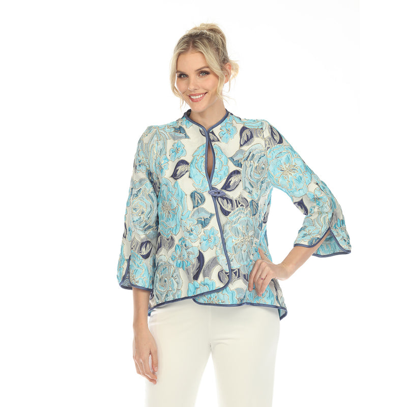 Just In! IC Collection Floral Embroidered Open Front Jacket in Blue/Multi - 6099J-BLU