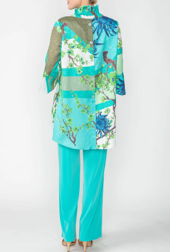 IC Collection "Mixed Blossoms" High-Low Shirt in Turquoise - 6137T