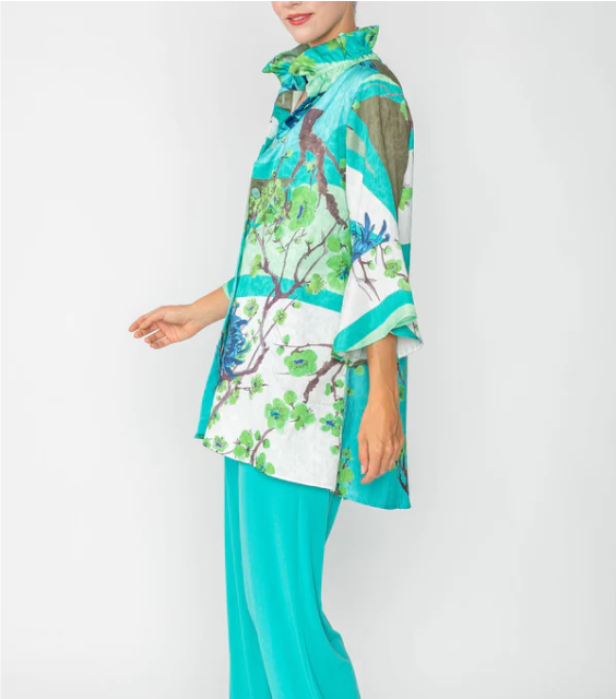 IC Collection "Mixed Blossoms" High-Low Shirt in Turquoise - 6137T