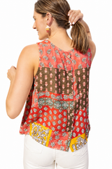 Patchwork Paisley Top in Coral - 36017