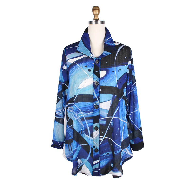 Damee "Orbits" Abstract Print Long Tunic Shirt in Blue/Multi - 7098-BLU