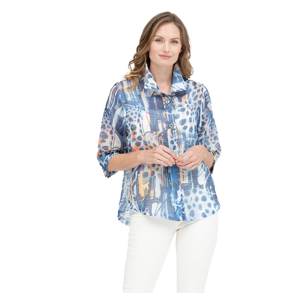 Damee Abstract-Print  Double Layer Organza Blouse in Blue - 7101-BLU