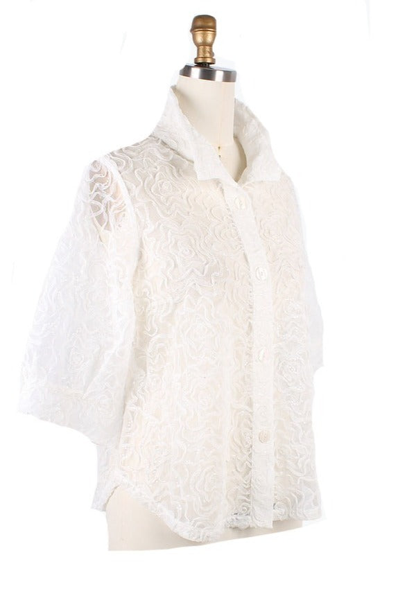 Damee Soutache Sequin Sheer Blouse in White - 7102-WT