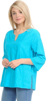 Mineral Wash Embroidered Voile Top in Turquoise- C630-TQ