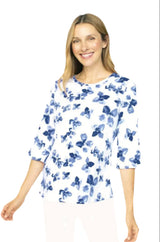 Tropical Hibiscus Print Tee in Blues & White - 74515-BLU