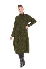 Squiggle-Print Midi Dress in Antique Gold Green - D-3157 - Size XL Only
