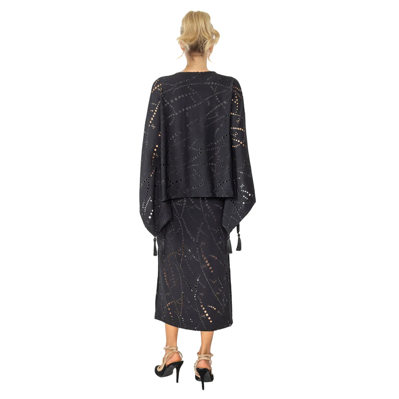IC Collection Laser Cut Poncho Top W/ Tassels in Black - 4647T-BK