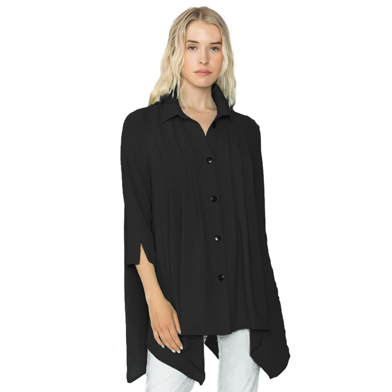 IC Collection Long Button Front Blouse in Black - 5682B-BLK - Sizes S Thru L Only!