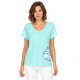 Playful Striped Fish Cotton V-Neck Tee - 48100
