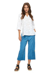 Embroidered Cotton Voile Tunic Top In White - EC429