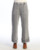 Mineral Washed Wide Leg Pant w/ Rib Contrast & Button Accent- M125