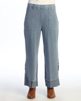 Mineral Washed Wide Leg Pant w/ Rib Contrast & Button Accent- M125