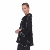 Pucker Weave Cowl-Neck Tunic with Contrast Piping - 3119-BLK