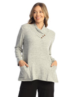 Solid Brushed Hacci Pleat Neck with Button Detail Top - VP5